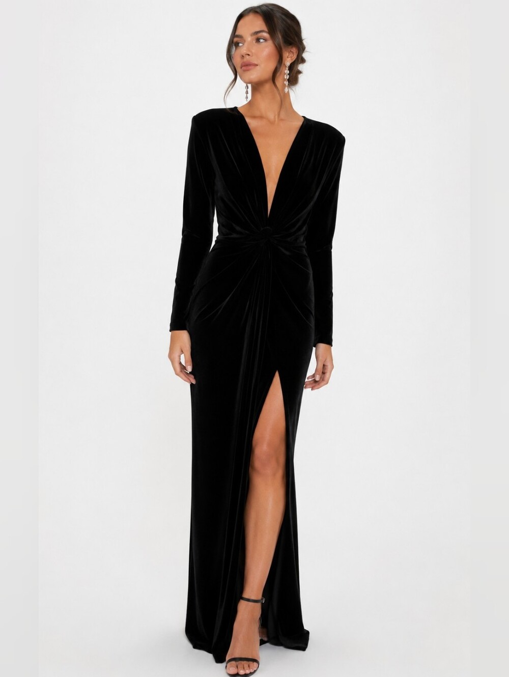 Symphony Maxi Deep V Black Velvet Formal Dress Slit
